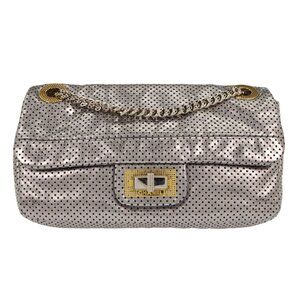 Chanel Silver Perforated Mademoiselle Lock Single Flap Shoulder Bag